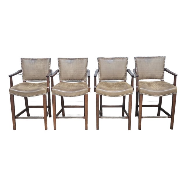 Late 20th Century Set of Four Hickory Chair Mahogany Alligator Pattern Leather Counter Stools For Sale