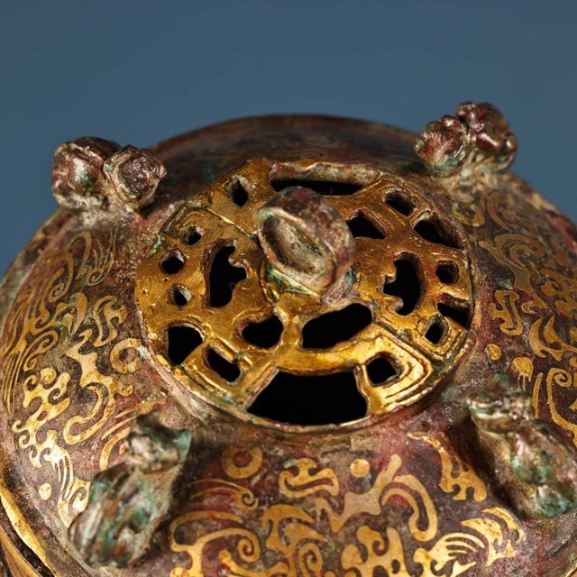 Vintage Chinese Bronze Stemmed Censer, Intricate Gold Inlaid Pattern, Archaic Style Incense Burner For Sale - Image 10 of 10