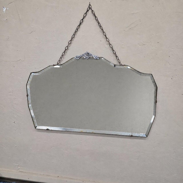 Art Deco Beveled Wall Mirror Chain Hung Foxed Glass Silver Crest 22 Inch For Sale - Image 4 of 11