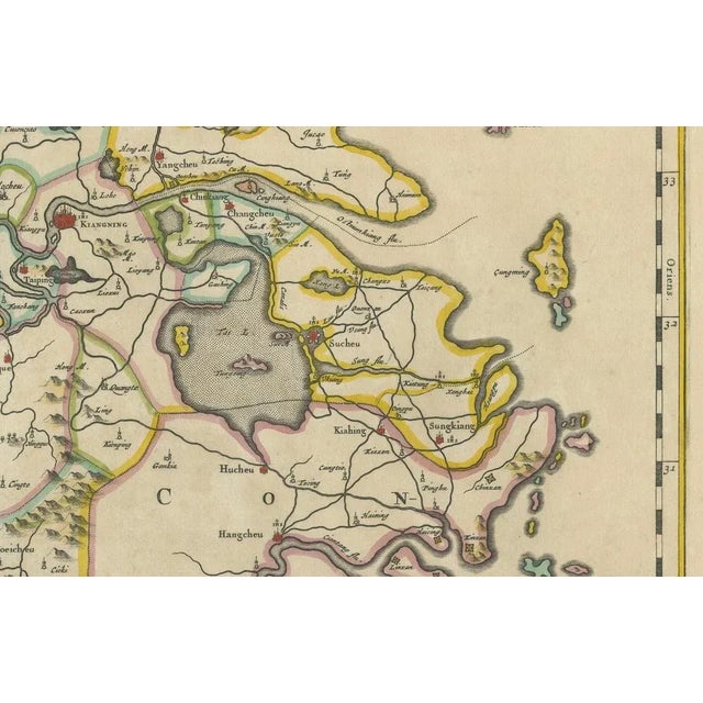Title: 17th-Century Antique Map of Nanjing Province, China – "Nanking sive Kiangnan" by Blaeu, with Decorative Details :...