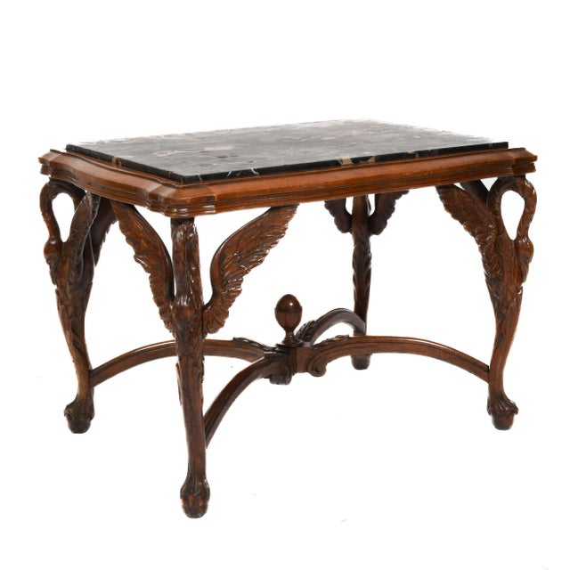 French 1920s Antique Walnut and Marble Top Side Table With Carved Swan Motifs For Sale - Image 3 of 7