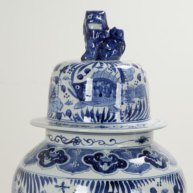 Chinese Large Pair of Chinese Blue and White Porcelain Lidded Urns For Sale - Image 3 of 13