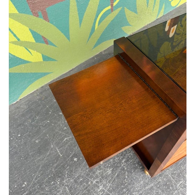Century Burl & Smoked Glass Rolling Bar For Sale - Image 9 of 14