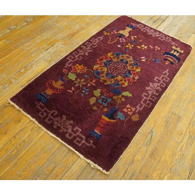 Lofty Purple Ground Color With Bits of Chinese Ornament Floral Design Antique Art Deco Rug For Sale - Image 4 of 9