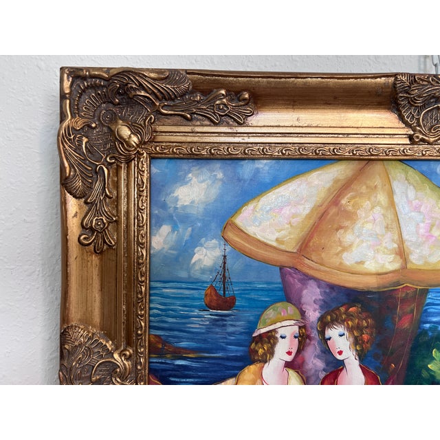 Seaside Café Scene – Figurative Impressionist Oil on Canvas Signed, Ornate Frame For Sale - Image 4 of 11