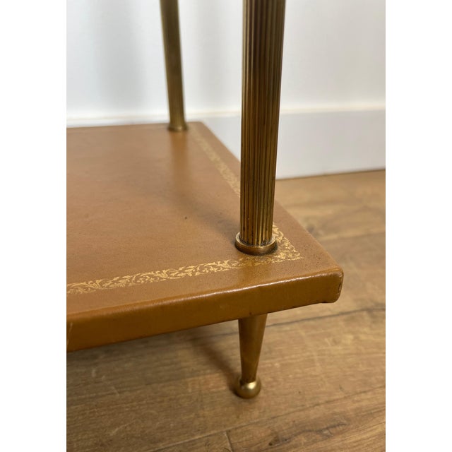 1940s Pair of neoclassical style brass side tables with tan leather tops Attributed to Maison Jansen For Sale - Image 11 of 12