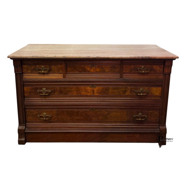 Antique Eastlake Style Walnut & Burl Wood Travertine Marble Top Chest of Drawers For Sale - Image 12 of 12