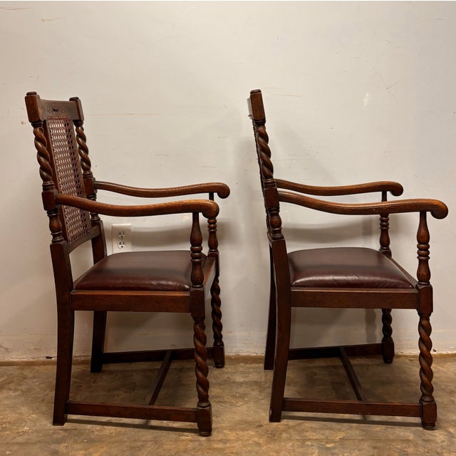 Early 20th Century English Oak Chairs With Caning and Barley Twist Detail - A Pair For Sale - Image 5 of 10