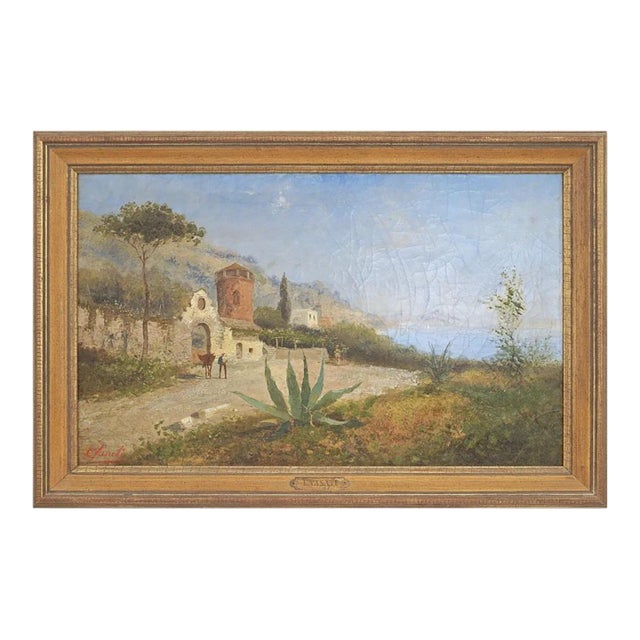 Antique Naples Oil Painting on Canvas Italian Coastal Landscape For Sale