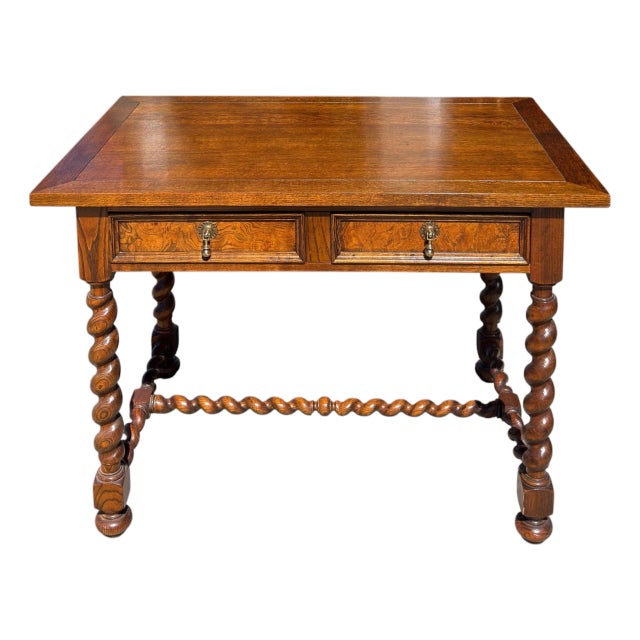 Baker Furniture English Oak & Burl Wood Barley Twist Writing Desk For Sale
