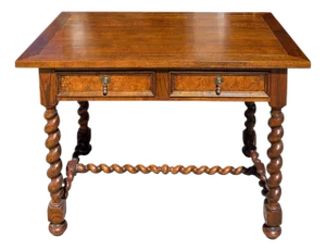 Baker Furniture English Oak & Burl Wood Barley Twist Writing Desk