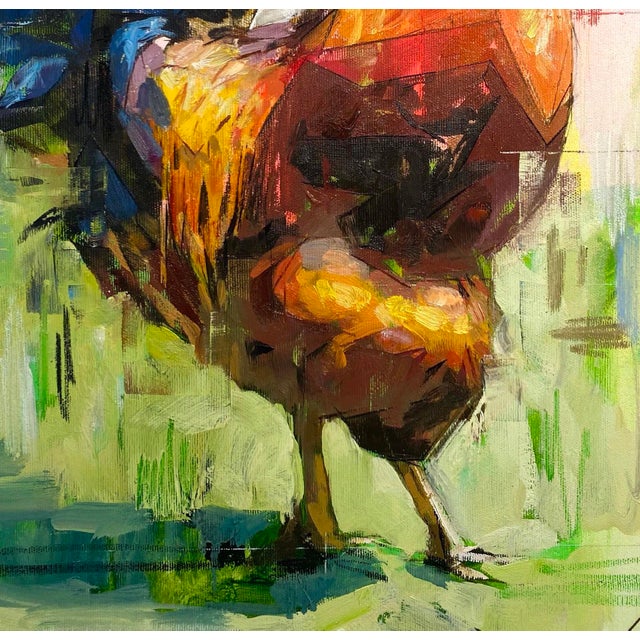 Rooster by Conrado López | Acrylic, gold leaf, and oil on canvas of a colorful rooster For Sale - Image 4 of 4