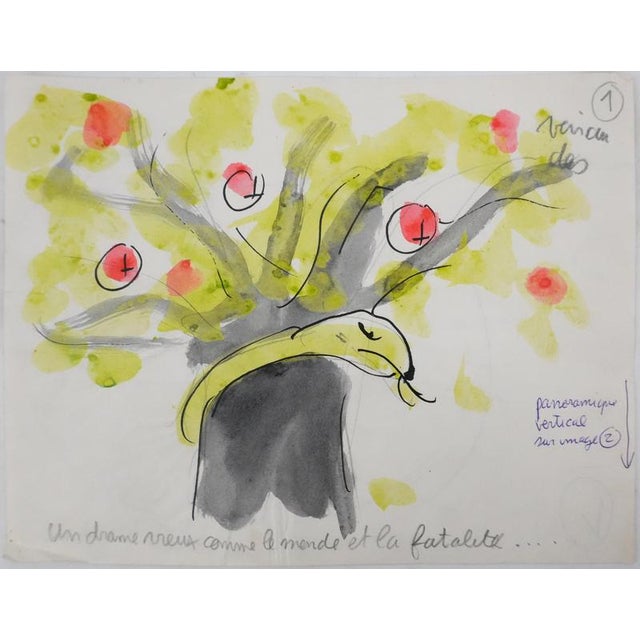 Jean Effel, Teinturier, The Apple Tree Serpent, 1970, Watercolor For Sale - Image 7 of 7