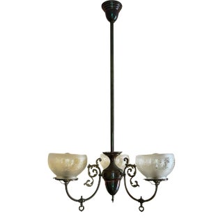 Chandelier Antique Brass With Etched Glass Shades For Sale