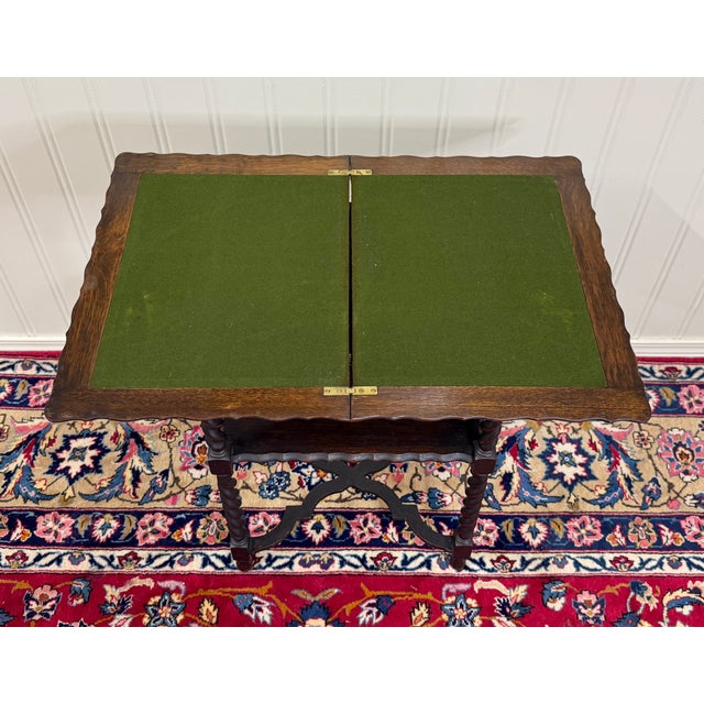 Antique English Flip Top Game Table Barley Twist Side Table Carved Oak C. 1930s For Sale - Image 14 of 17