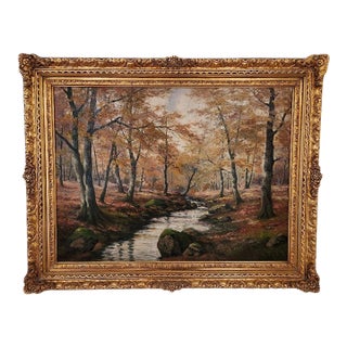 Signed 20th Century German Fall Landscape Painting in Gilt Frame For Sale