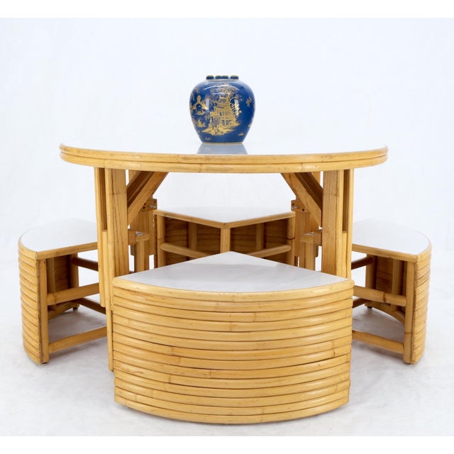 White Hi-Lo Convertible Reed Coffee Dinette Game Table w/ Nesting Benches Stools Chair For Sale - Image 8 of 17