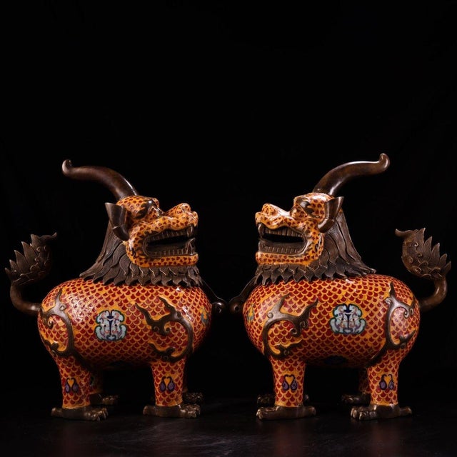Traditional Late 20th Century Pair of Gilt Bronze Cloisonné Enamel Mythical Beast Incense Burners For Sale - Image 3 of 9