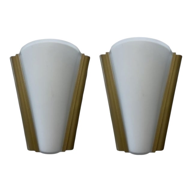 1990s Modern Italian Brass & Opal Glass Wall Sconces by Victoria - a Pair For Sale