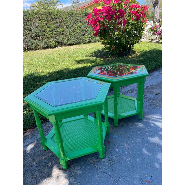 Mid-Century Modern A Pair of Mid-20th Century Hexagonal Accent Tables Glass Top For Sale - Image 3 of 10