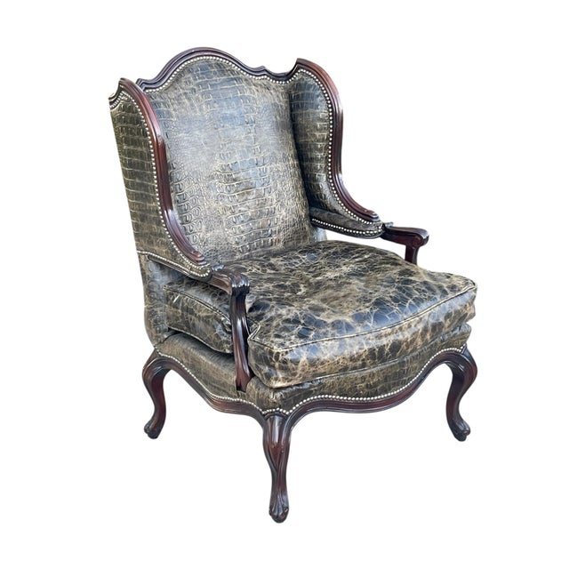 Late 20th Century Crocodile Embossed Leather Chairs by Old Hickory Tannery, a Pair, Wingback Chairs, Nailhead Trim, Style of Massoud Lettsworth Wing Chair For Sale - Image 5 of 12