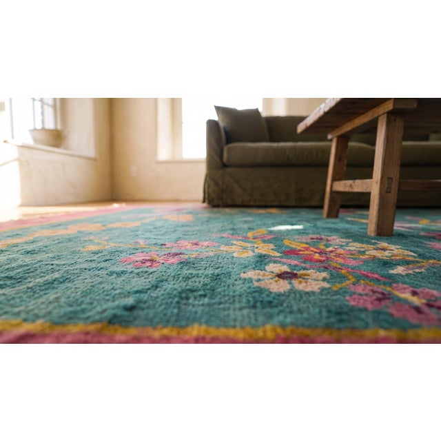 1920s Green Garden Landscape Antique Chinese Art Deco Carpet 2' 6'' X 4' 5'' Knotted Wool Rug For Sale - Image 12 of 13