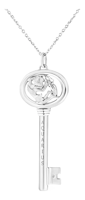 .925 Sterling Silver Diamond Accent Aquarius Zodiac Key 18" Pendant Necklace (K-L Color, I1-I2 Clarity)