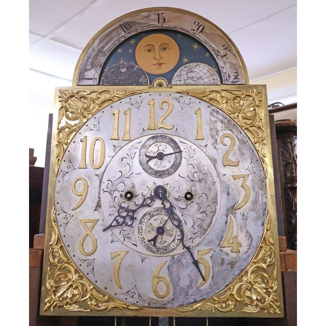 ​​19th Century Tiger Oak Figural Carved Tall Case Grandfather Clock W&h Movement For Sale - Image 10 of 17