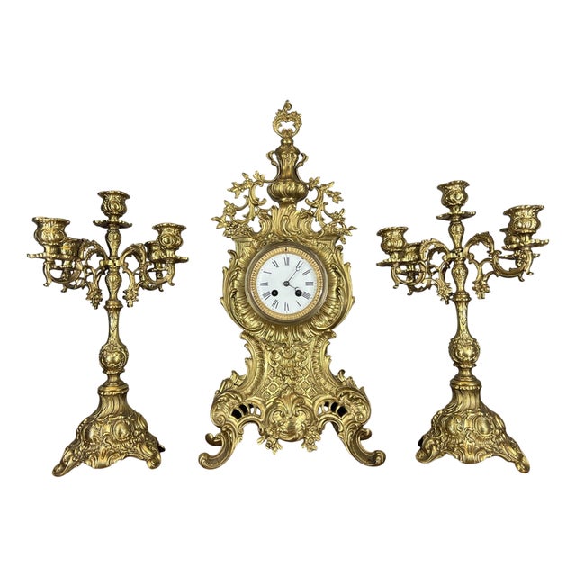 Louis XV Rococo Revival French Gilt Brass Mantel Clock Garniture, Set of 3 For Sale