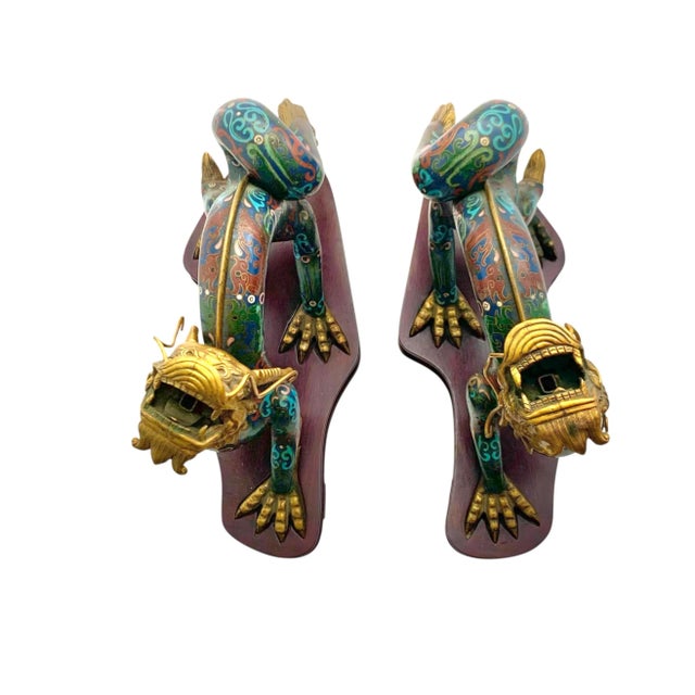 Blue Late 20th Century Chinese Cloisonné Enamel Dragon Statue Pair on Carved Wood Bases, 10.4"h For Sale - Image 8 of 9