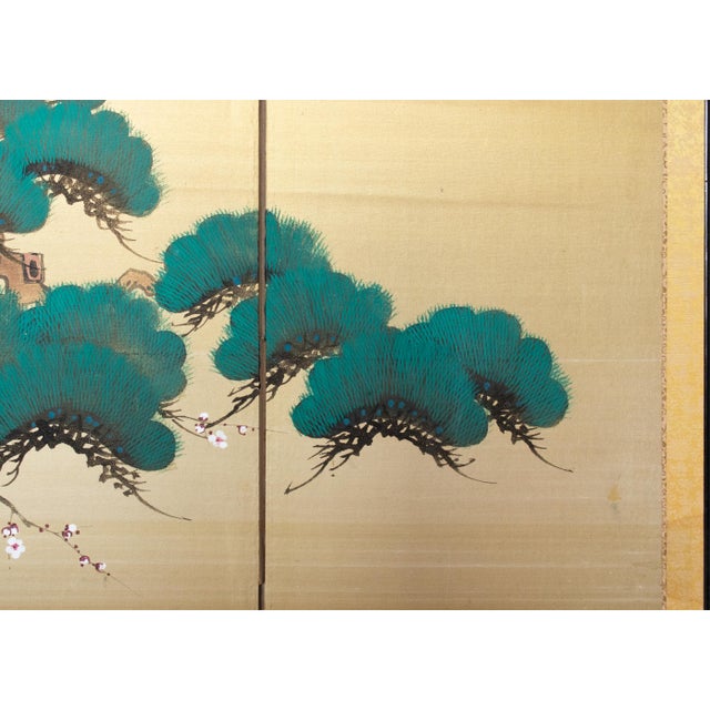 C. 1960s Showa Era Japanese Painted Silk Byobu Screen "Evergreen Pine Tree" For Sale - Image 12 of 18