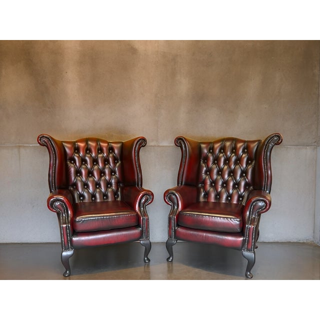 Vintage Mid-Century English Leather Button Tufted Chesterfield Wingback ...
