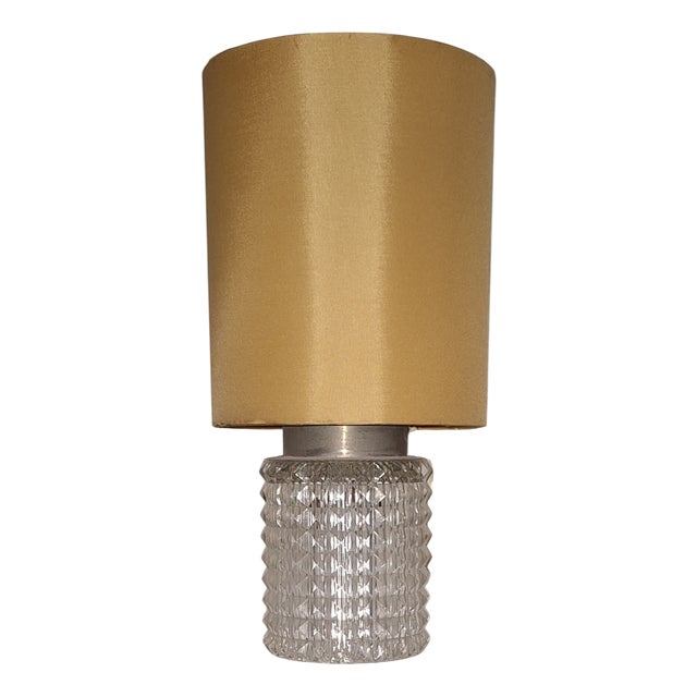 Vintage Ribbed Glass Table Lamp with Yellow-Brown Fabric Shade, 1970s For Sale