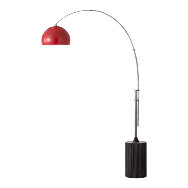 1980s 92-Inch Nova of California Adjustable Tambo Floor Lamp - Mid Century Modern Arc Lamp, Crimson Red Dome Shade, Oak Base, Dimmable For Sale