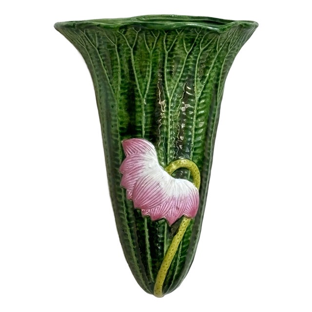 1950s Japanese Lotus Flower Ceramic Majolica Wall Pocket For Sale