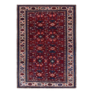 1890s Ruby Red Tribal Geometric Antique Caucasian Kuba Rug 4' 2''x 5' 10'' Knotted Wool Carpet For Sale