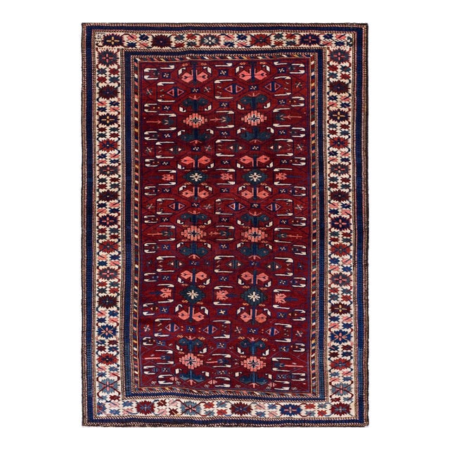 1890s Ruby Red Tribal Geometric Antique Caucasian Kuba Rug 4' 2''x 5' 10'' Knotted Wool Carpet For Sale
