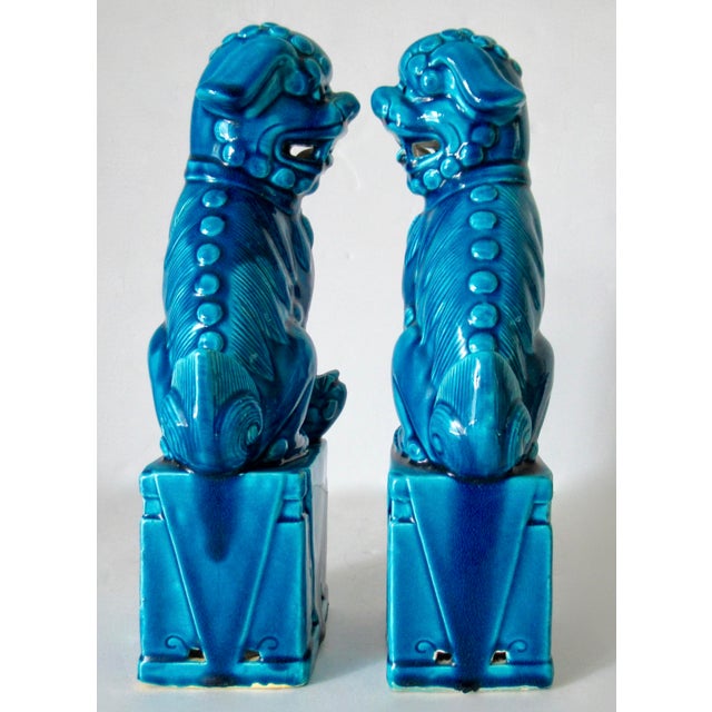 Ceramic Vintage. C.1935-50's (Japan) Ceramic Porcelain Cerulean Blue Glazed Foo Dogs - Pair For Sale - Image 7 of 18