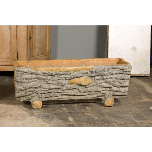 Gray Rustic Pair of Faux Bois Midcentury Trough Shaped Concrete Planters, circa 1930 For Sale - Image 8 of 12