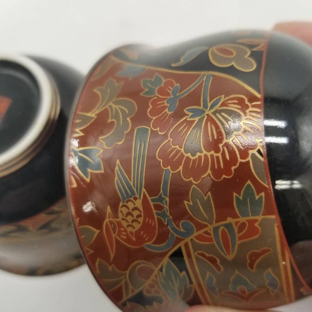 Japanese Vintage Arita Ware Seirangama “Shosoin Motif” Tea Cups –Red & Gold Floral Design Set 2 For Sale - Image 16 of 17