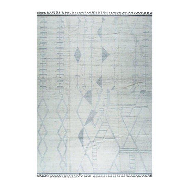 9x12 Ivory Hand-Knotted Wool Diamond Ladder Tribal Modern Carpet Rug For Sale