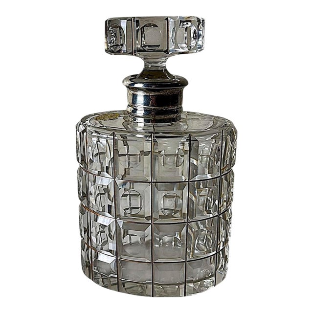Mid 20th Century Art Deco Cut Crystal Decanter With 925 Silver Collar by Cacchione Milan For Sale