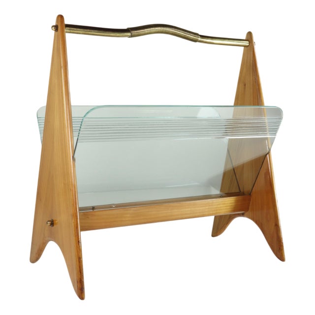 Mid-Century Modern Italian Design Wood Glass Magazine Rack, 1950s For Sale