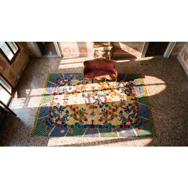 1920s Colorful Dragon Antique Chinese Silk Rug 6'3" X 9'3" Handknotted Wool Carpet For Sale - Image 10 of 11
