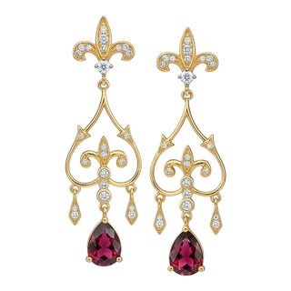 Fleur De Lis Chandelier Earrings Studs With Garnet in Silver, Gold, A Pair For Sale