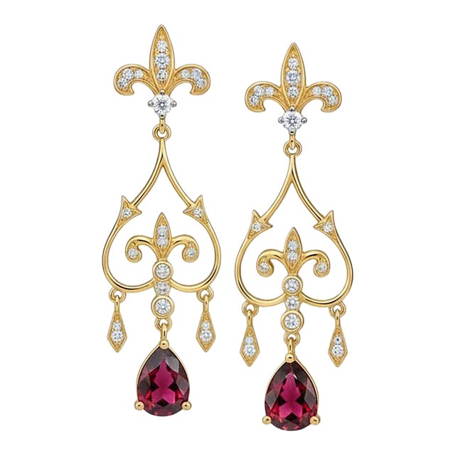 Fleur De Lis Chandelier Earrings Studs With Garnet in Silver, Gold, A Pair For Sale