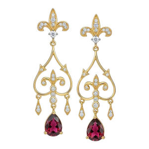Fleur De Lis Chandelier Earrings Studs With Garnet in Silver, Gold, A Pair