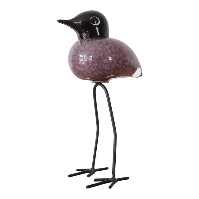 Mid Century Modern Style Hand-Blown Glass Bird Figurine With Metal Legs For Sale