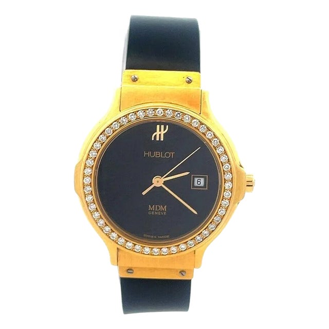 Hublot MDM Gold Ladies Watch 18k Yellow Diamond Bezel Date Rubber Band 28mm For Sale