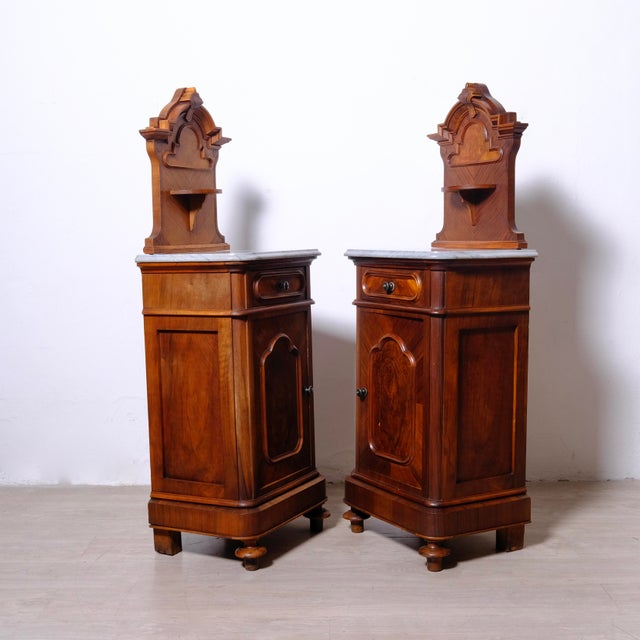 Antique Bedside Tables with Marble Backsplashes and Bases, Late 19th Century, Set of 2 For Sale - Image 16 of 18